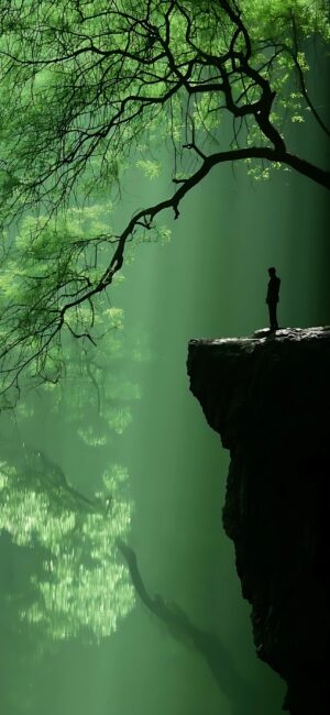 Solitary figure under a green tree on a cliff with sunbeams, creating a serene forest atmosphere | 4K Wallpaper for Mobile