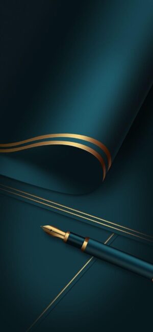 Teal and gold-themed wallpaper with rolled paper and matching fountain pen, perfect for a sophisticated mobile look | 4K Wallpaper.