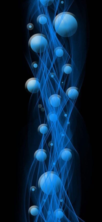 Abstract design with blue spheres and wisps on black background, creating movement and depth | 4K Wallpaper for Mobile