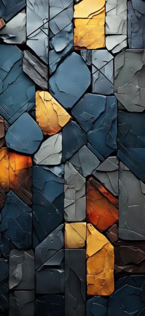 Abstract geometric mosaic with dark and warm tones, featuring blue, orange, and gray colors | 4K Wallpaper for Mobile