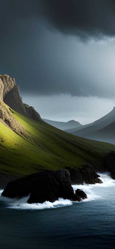 Coastal landscape 4K wallpaper with dramatic cliffs, lush green slopes, calm ocean, and moody sky for mobile. | 4K Wallpaper