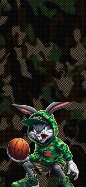 Cartoon character in sporty camo outfit with basketball, green hoodie. | 4K Wallpaper for Mobile |