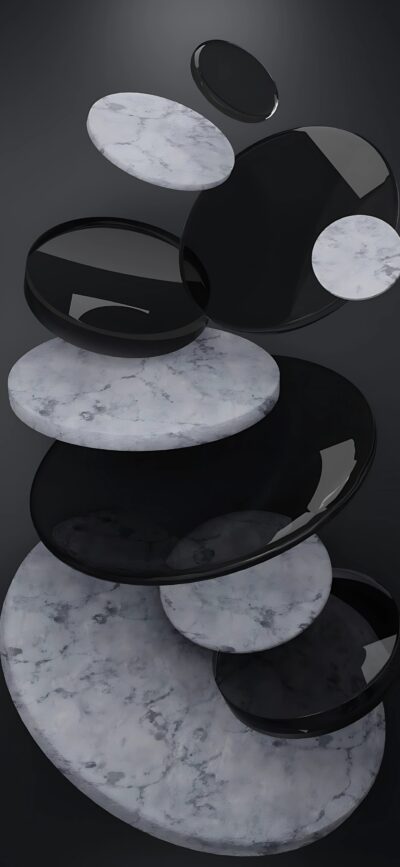 Abstract design with floating black and marble-patterned discs on a dark background | 4K Wallpaper for Mobile