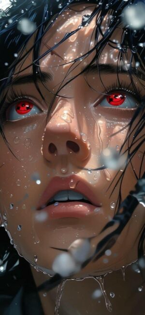 Anime character with red eyes, wet hair, intense emotional atmosphere | Black, Red, Blue | 4K Wallpaper for Mobile