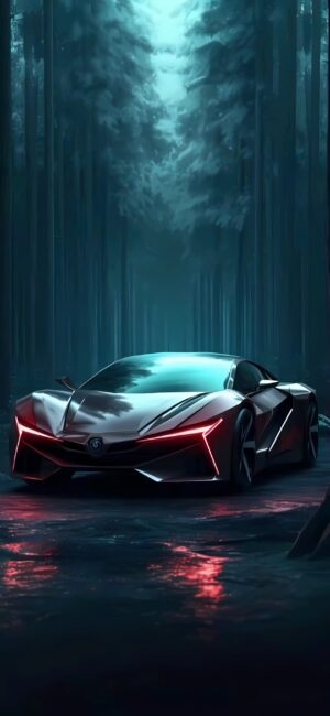 Futuristic sports car in a misty forest with sharp design and glowing headlights. Black, red, blue tones | 4K Wallpaper for Mobile