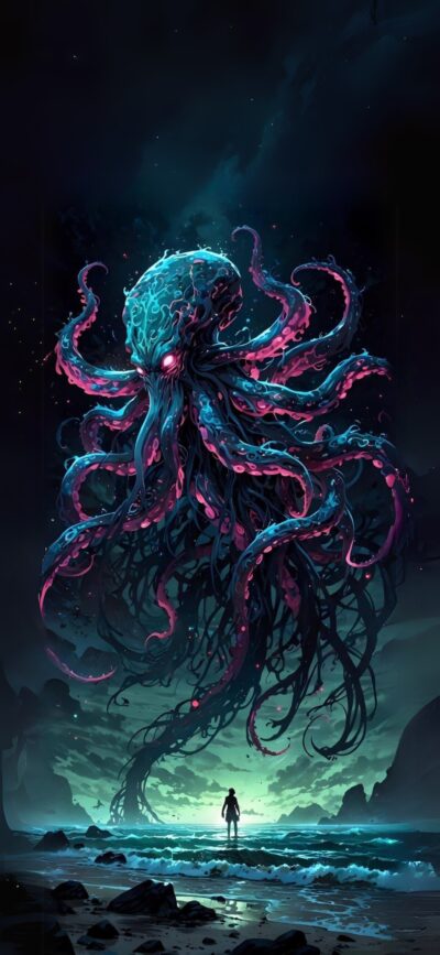 Cosmic octopus-like creature with glowing tentacles over human figure on shore, starry night sky | Blue, Purple, Black, Pink | 4K Wallpaper for Mobile