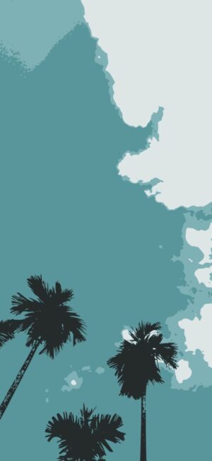 Minimalist palm tree silhouettes against a stylized sky in teal, white, and black | 4K Wallpaper for Mobile