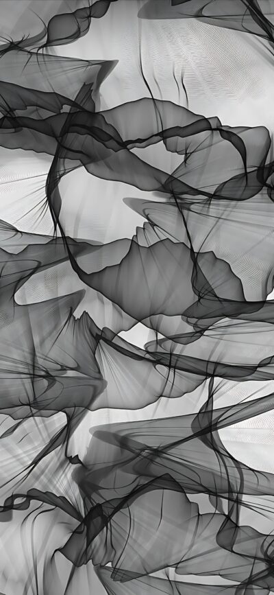 Abstract black and gray smoke-like patterns on white background, dynamic and ethereal design | 4K Wallpaper for Mobile