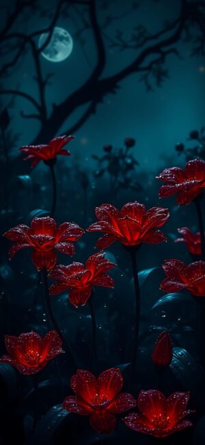 Mystical night scene with vibrant red flowers, a full moon, and silhouetted tree branches | 4K Wallpaper for Mobile