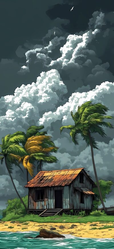 Rustic beach hut with lush palms against dramatic clouds, tranquil tropical vibe for mobile | 4K Wallpaper | Dark, Green, Yellow, Blue