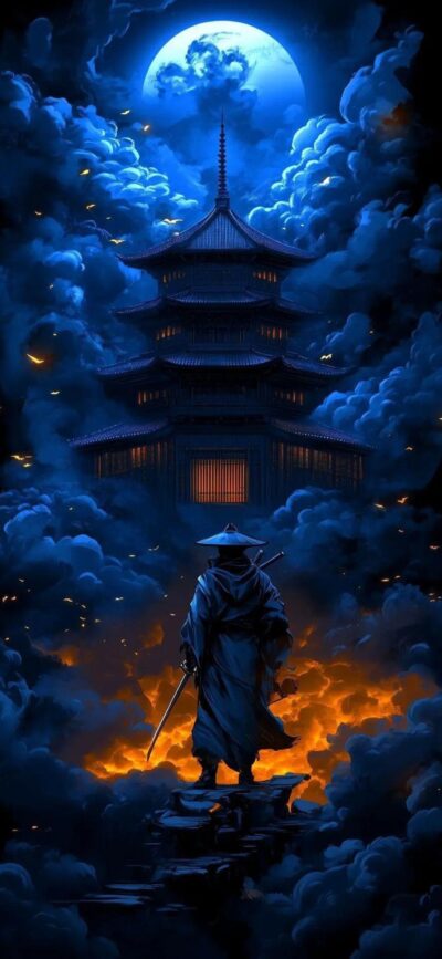 Samurai on a cliff gazing at a pagoda under a full moon with mystic clouds | Blue, orange, black colors | 4K Wallpaper for Mobile