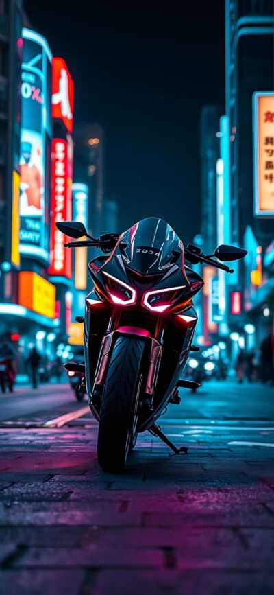 Sleek motorcycle in urban neon lights, cyberpunk aesthetic, vibrant cityscape | Black, Blue, Red | 4K Wallpaper for Mobile