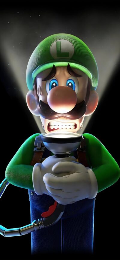 Luigi holding a flashlight with a frightened expression, in a dark background. Colors: Green, Black | 4K Wallpaper for Mobile