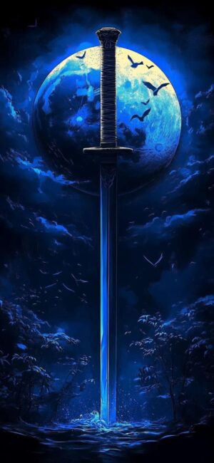 Mystical sword under a full moon, dark landscape with trees and birds, evoking fantasy and adventure | 4K Wallpaper for Mobile