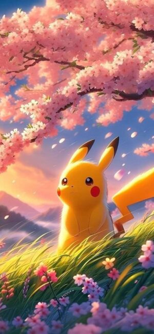 Pikachu with cherry blossoms in a serene landscape | Vibrant spring colors | 4K Wallpaper for Mobile