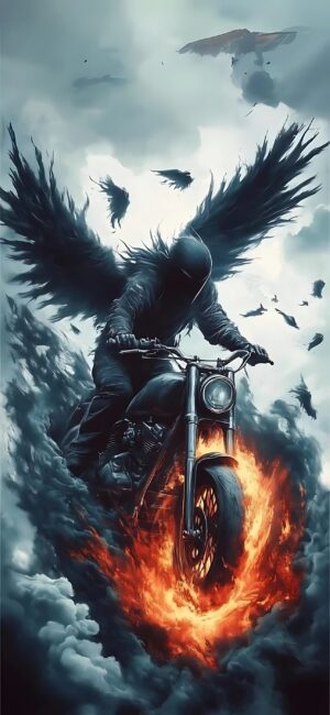 Hooded figure on a flaming-wheeled motorcycle with dark wings and crows, set in a fantasy world | 4K Wallpaper for Mobile