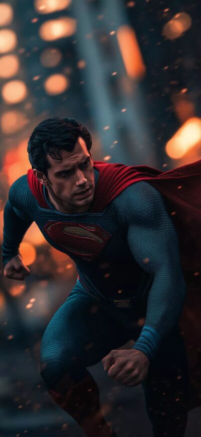 Superman in action pose with cityscape, dramatic lighting in blue, red, dark tones | 4K Wallpaper, for Mobile