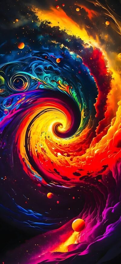 Swirling cosmic abstract design in vibrant reds, yellows, blues, purples, oranges, and pinks | 4K Wallpaper for Mobile