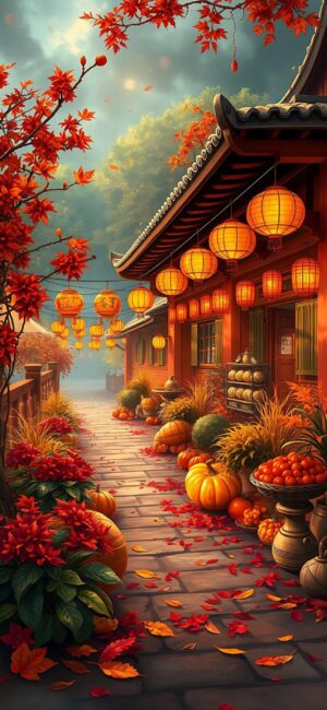 Idyllic East Asian autumn scene with red and orange foliage, lanterns, and pumpkins; serene festival vibe for mobile | 4K Wallpaper.