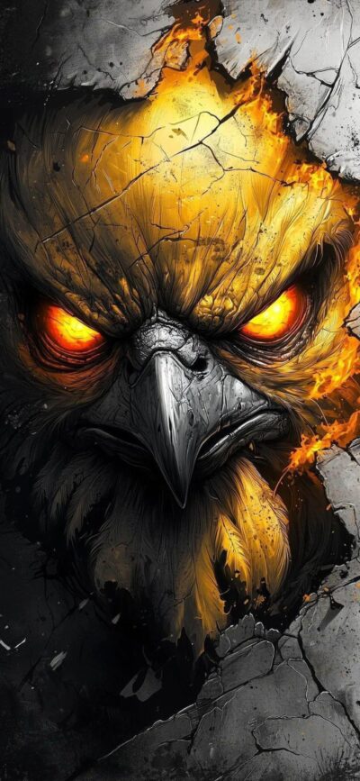 Fierce stylized eagle with fiery eyes breaking through a cracked surface; vibrant yellow, orange, black, gray | 4K Wallpaper for Mobile