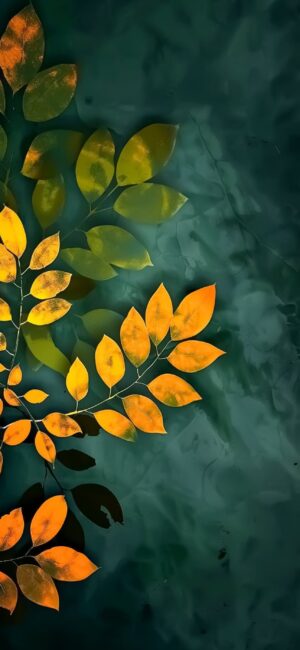 Autumn leaves in orange and green on a textured dark green background, perfect for mobile | 4K Wallpaper | Nature-themed fall design.