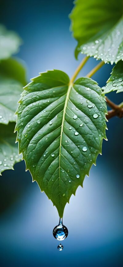 Vibrant green leaf with water droplets, serene droplet falling, soft blue background | 4K Wallpaper for Mobile