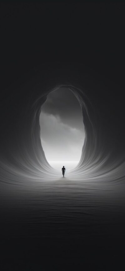 Lone figure at an abstract cave entrance in grayscale, creating a mysterious exploration vibe | 4K Wallpaper for Mobile