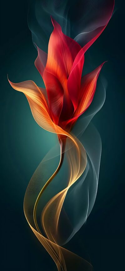 Abstract flower with swirling translucent petals in red, orange, yellow hues on dark teal; a fluid, elegant design | 4K Wallpaper for Mobile