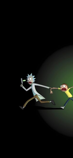 "Rick and Morty" characters running, minimalistic design on a dark background. | 4K Wallpaper for Mobile