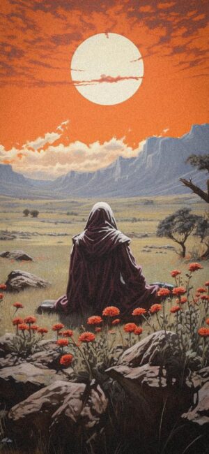 Cloaked figure amidst red flowers and rocky terrain, vibrant orange sunset, mountains, trees; serene, meditative setting | 4K Wallpaper for Mobile