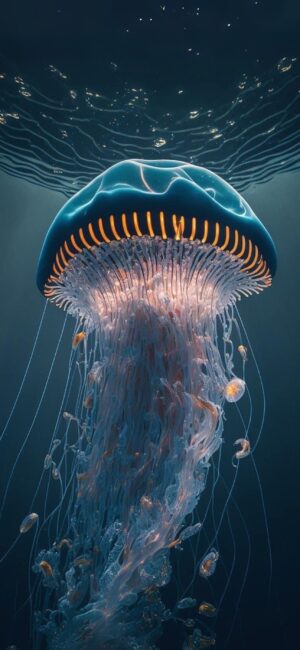 Majestic jellyfish with translucent body & flowing tentacles in serene deep ocean scene for mobile | Blue & Orange | 4K Wallpaper