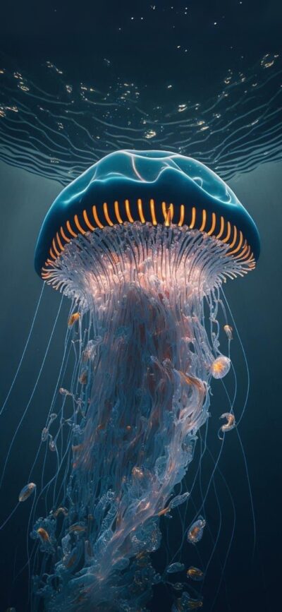 Majestic jellyfish with translucent body & flowing tentacles in serene deep ocean scene for mobile | Blue & Orange | 4K Wallpaper