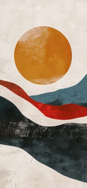 Abstract design with an orange sun-like circle, wavy red, blue, dark green shapes on textured background | 4K Wallpaper for Mobile