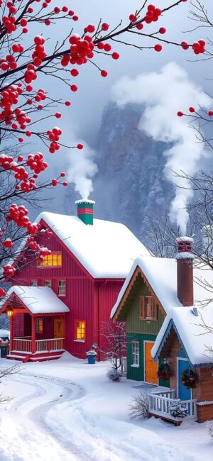 Winter scene with cozy cottages, snow, red berries, and chimney smoke; serene and festive ambiance | 4K Wallpaper for Mobile