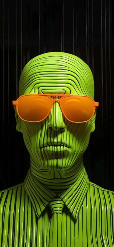 Abstract green and orange figure with sunglasses, linear patterns creating a futuristic look | 4K Wallpaper for Mobile