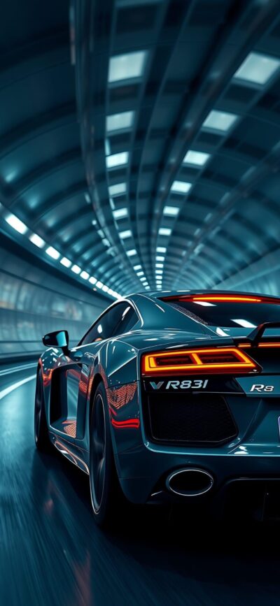 Audi R8 in a futuristic tunnel, showcasing speed and elegance with blue, black, and red lighting | 4K Wallpaper for Mobile