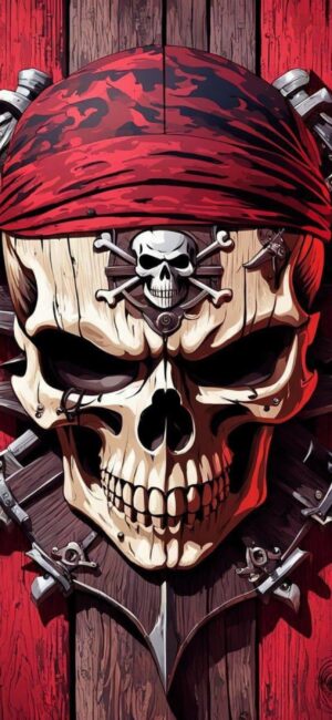 Pirate skull with red bandana on wooden texture, detailed with swords | 4K Wallpaper for Mobile | Red, Black, Wood Brown