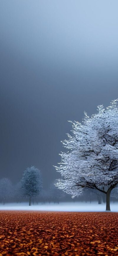 Serene winter landscape with frosted tree on autumn field, set against misty sky | 4K Wallpaper for Mobile | White, Brown, Blue