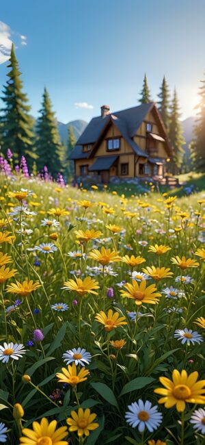 Picturesque cabin in wildflower field, surrounded by evergreens under blue skies | Yellow, Green, Blue | 4K Wallpaper for Mobile