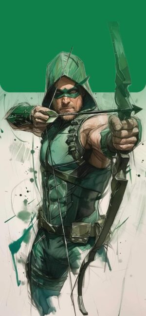 Dynamic Green Arrow-inspired character with bow, featuring green costume and hood. | 4K Wallpaper for Mobile | Green, Black, White