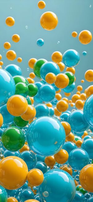 Floating blue, yellow, and green spheres on a teal background, creating a playful abstract aesthetic | 4K Wallpaper for Mobile