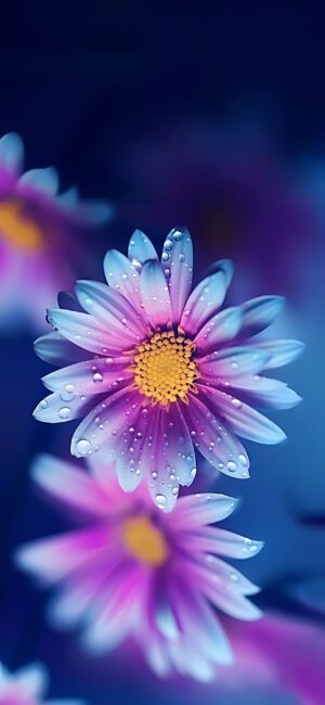 Dew-covered purple and blue daisy close-up with blurred background. | 4K Wallpaper for Mobile | Blue, Purple, Yellow Floral Art