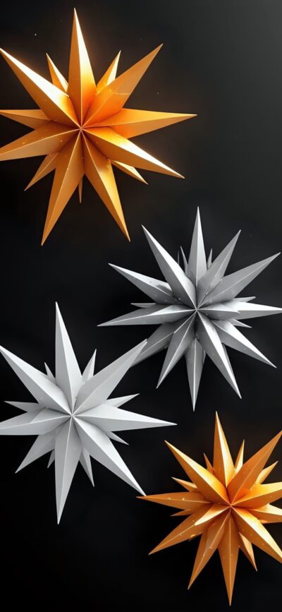 3D geometric star shapes in orange and gray on a black background offer a modern abstract look | 4K Wallpaper for Mobile