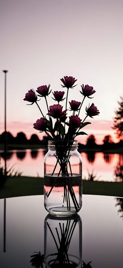 Serene sunset scene with a glass jar of dark pink flowers reflecting on a shiny surface, silhouetted trees, and lake | 4K Wallpaper for Mobile