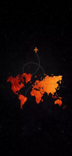 World map in vibrant fiery orange and red with an airplane journey over starry sky | 4K Wallpaper for Mobile