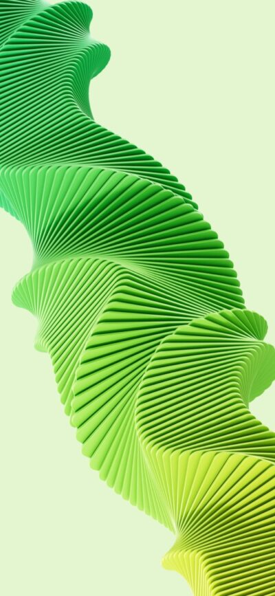 Abstract geometric design in green and yellow with a twisted, flowing structure | 4K Wallpaper for Mobile