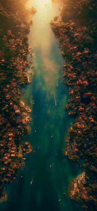 Mobile aerial view of river in lush landscape, reflecting green and blue hues, lit by golden light | 4K Wallpaper for Mobile