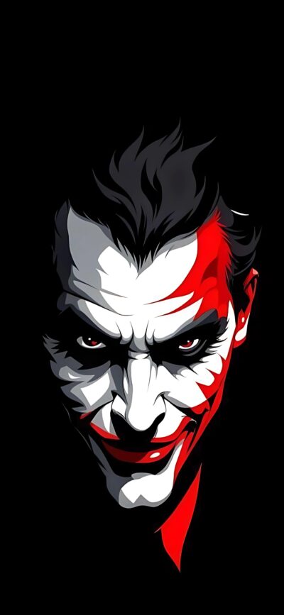 Joker minimalist design in black, white, and red showing his iconic sinister grin | 4K Wallpaper for Mobile