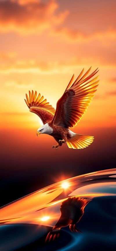 Eagle soaring at sunset with vibrant orange, gold, and blue hues reflecting on water | 4K Wallpaper for Mobile