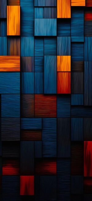 Abstract wooden block pattern in deep blue, orange, and red hues for a modern look. | 4K Wallpaper, for Mobile